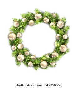 Illustration Christmas Wreath with Balls, New Year and Christmas Decoration, Isolated on White Background - Vector