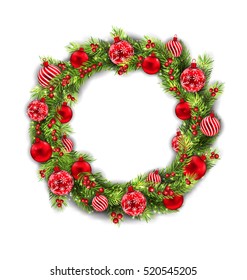 Illustration Christmas Wreath with Balls, New Year and Christmas Decoration, on White Background - Vector