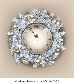 Illustration Christmas Wreath with Clock and Golden Balls for Happy New Year 2017, Decoration made in Silver Twigs - Vector