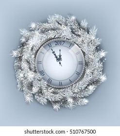 Illustration Christmas Wreath with Clock for Happy New Year 2017, Decoration made in Silver Twigs - Vector