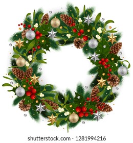 Illustration of Christmas wreath with fir tree branches, mistletoe, holly berries, fir and pine cones, balls and stars isolated
