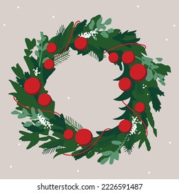 Illustration of christmas wreath. Wreath of fir-tree branches with red bow and Christmas balls.