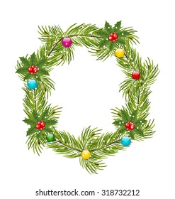 Illustration Christmas Wreath with Holly Berries and Colorful Balls Isolated on White Background - Vector