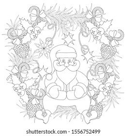 Illustration of a Christmas wreath made of fir branches, with holly, lollipops, bows, cones, snowflakes, stars and ribbons on which Santa Claus is sitting. Zenart. Anti-stress coloring.
