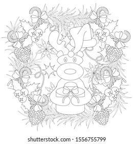 The illustration is a Christmas wreath made of fir branches, with holly, lollipops, bows, cones, snowflakes, stars and ribbons among which a deer sits with a gift. Zenart. Anti-stress coloring.
