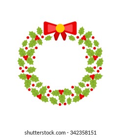 Illustration Christmas Wreath Made of Holly Berries Isolated on White Background, Minimalism Style - Vector