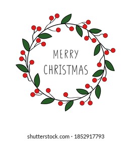 An illustration of a christmas wreath. Merry christmas text. Round logo. Isolated on white