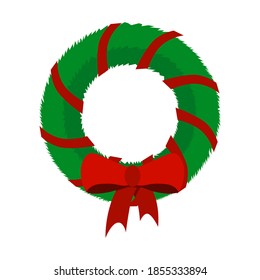 An illustration of Christmas wreath with red bow icon in flat style. Traditional winter garland with red holly berries on evergreen green branches, isolated on white background.