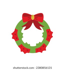 Illustration of Christmas wreath with red bow icon in flat style. Vector illustration of Christmas wreath of holly with red berries.
