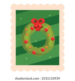 Illustration of a christmas wreath with red bow and baubles, on a green christmas postage stamp design