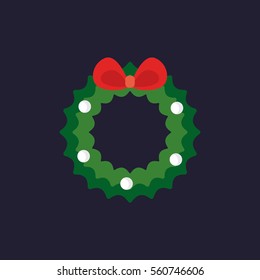 An illustration of Christmas wreath with red bow icon in flat style.