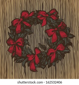 Illustration of a Christmas wreath with red bows. Vector illustration for greeting cards, invitations and other printing and web projects. 
