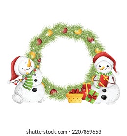 Illustration Christmas Wreath with Snowman and gifts