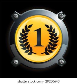 Illustration of a chrome and yellow first place icon button with laurels