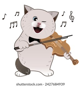 illustration of a chubby cat with a happy face playing the violin with enthusiasm surrounded by musical notes as the background
