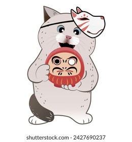 Illustration of chubby cat with kabuki mask holding daruma doll 