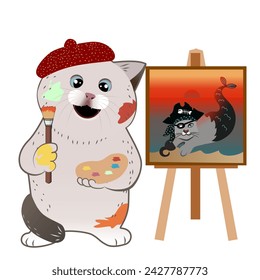 illustration of chubby cat painter holding a brush and a palette in his hands  draw pirate cat during sunset. Suitable for poster, banner, campaign, and greeting card