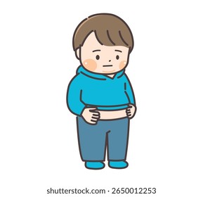 Illustration of a chubby elementary school boy concerned about his stomach area.