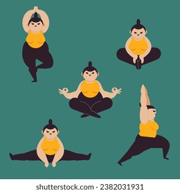 Ilustración de una muchacha gordita haciendo yoga posa para apoyar la positividad corporal.