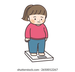 Illustration of a chubby girl measuring her weight.