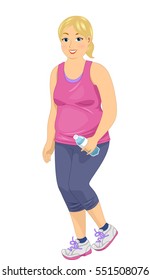 Ilustración de una chica chubby en un tanque rosado y pantalones de sudadero gris yendo por una broma