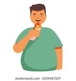 Illustration of a chubby man holding and eating a hot dog with mustard and relish