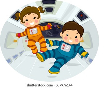 Illustration of Chubby Preschool Kids in Space Suits Floating in a Room with Zero Gravity