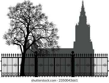 illustration with church and black tree isolated on white background