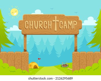 Illustration of Church Camp Entrance Sign with Trees, Tent and Flag