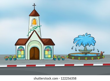 Illustration of a church and a fountain near a street