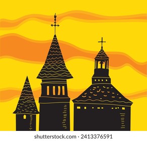 Illustration of church silhouette on yellow background