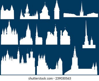 illustration with church silhouettes collection isolated on blue background