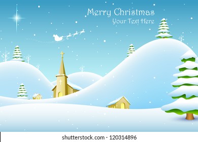 illustration of church in winter landscape in Christmas night