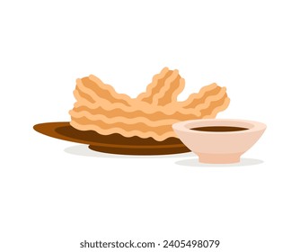 Ilustración de los churros servidos en un plato. Un plato de churros con un bol de salsa de chocolate. Platos tradicionales españoles y portugueses. pasteles. comida, tentempiés, pan, pasteles. diseño de ilustración