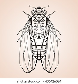 Illustration cicada  with boho pattern. Vector element for coloring prints,  T-shirts, tattoos 