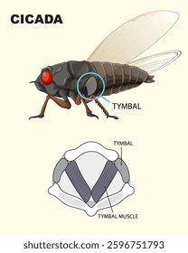 Illustration of cicada with labeled tymbal structure
