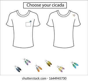 Illustration of cicada print t-shirts near the pocket and on the shoulder. Print of color cicadas. 