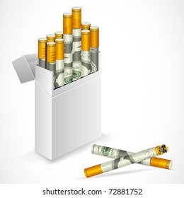ilustración de la caja de cigarrillos con un cigarrillo en dólares