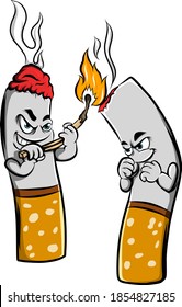 The illustration of the cigarette burning other cigarette with the matches to broke the oxygen 