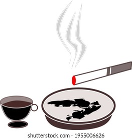 illustration of a cigarette and cup of black coffee on white background