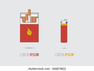 Illustration of cigarette pack and lighter. Can be used as a symbol