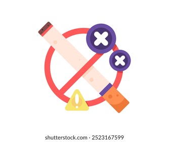 illustration of a cigarette with a prohibition sign, a cross, and a warning sign. concept of no smoking cigarettes. prohibition not to smoke. reject and anti smoking. flat style design. elements