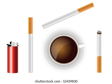 Illustration of a cigarettes, lighter and cup with black coffee.
