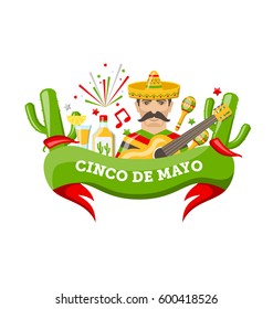 Illustration Cinco De Mayo Banner with Mexican Symbols and Objects, Ribbon, Colorful Icons - Vector