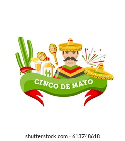 Illustration Cinco De Mayo Banner with Mexican Symbols and Objects, Ribbon, Colorful Icons - Vector