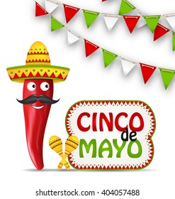 Illustration Cinco De Mayo Holiday Background with Cartoon Character of Chili Pepper, Sombrero Hat, Maracas, Bunting Decoration with Traditional Mexican Color - Vector