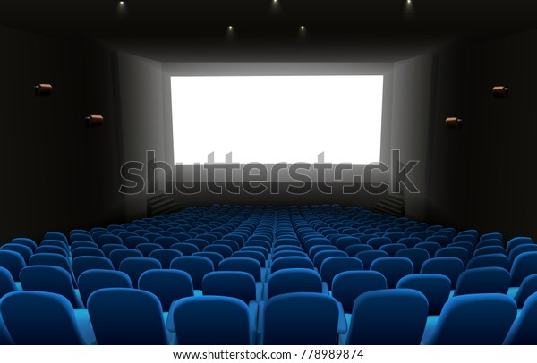 青い席と空白のスクリーンを持つ映画館のイラスト のベクター画像素材 ロイヤリティフリー