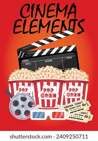 Illustration of Cinema Elements : Popcorn, Cinema tickets, 3D Glasses, Clapperboard, and Film roll
