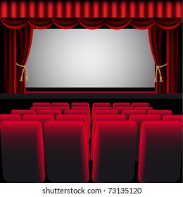 illustration cinema hall with red curtain and easy chair