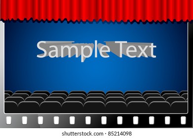 illustration of cinema hall with stage curtain in film reel